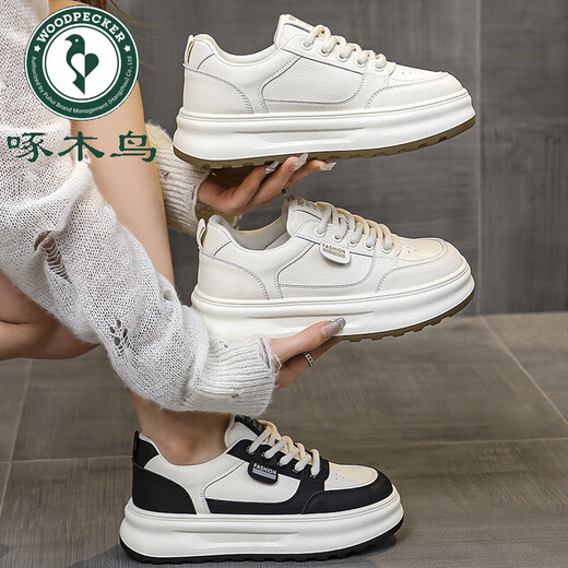 Woodpecker genuine leather round-toe white shoes for women 2025 autumn new thick-soled casual sneakers for students with skirts and sneakers off-white main picture 36