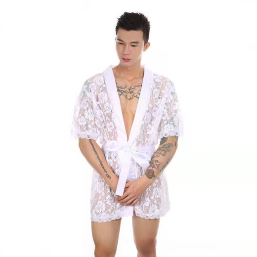
Men's sex nightgown for men super sexy lace transparent thong bathrobe home clothes set perspective tempting sex toys black XXL