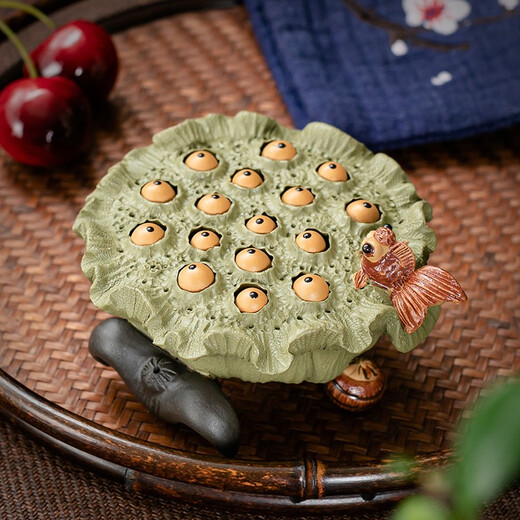 Jingfeng Pavilion Yixing original purple sand bean green mud goldfish lotus seed tea pet ornaments Senior engineer Jiang Jufang pure handmade tea ceremony accessories goldfish lotus seed bean green mud tea pet