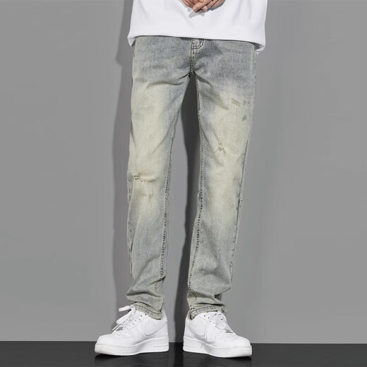 Ecken American retro yellow mud jeans men's autumn washing high street straight loose spring and autumn nostalgic men's casual pants 1098 light blue 30