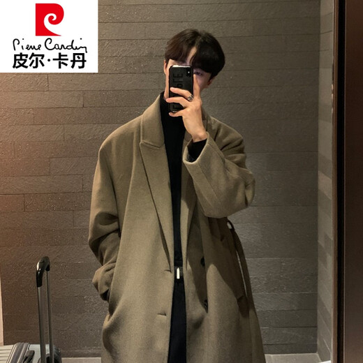 Pierre Cardin winter double-sided woolen coat men's light and mature style suit mid-length thickened woolen over-the-knee windbreaker coat black woolen coat single piece 2XL