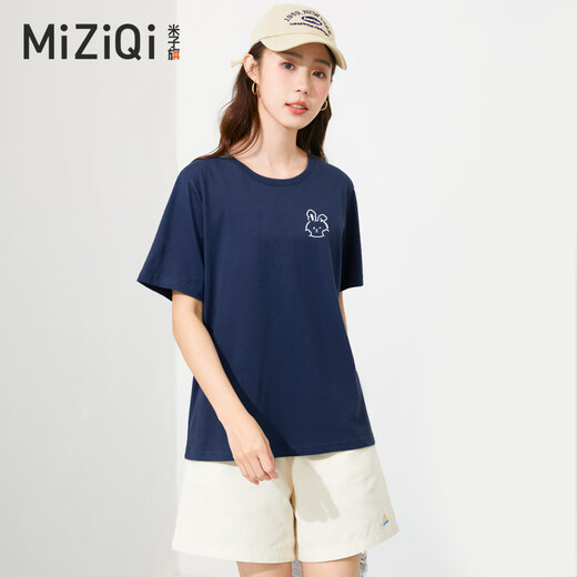 米子旗女士T恤正肩宽松圆领休闲简约印花半袖短袖2025年夏季 白字9272左胸小 黑色 M/96-105斤