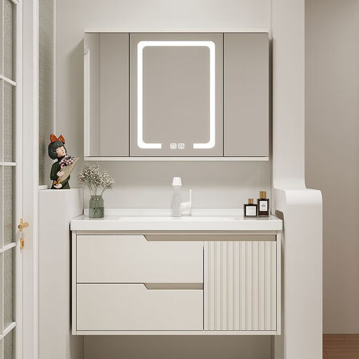 Kaixinuo Oak Hidden Feng Shui Mirror Bathroom Cabinet Integrated Ceramic Basin Cream Style Hand Washing Face Washstand Basin Cabinet Combination 80cm Hidden Feng Shui Mirror Cabinet + Installation