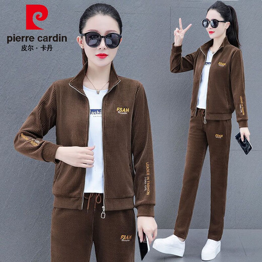 Pierre Cardin Gold Velvet Sports Drei-teiliges Set für den Frühling und Herbst für Frauen 2023 Neue modische und modische altersreduzierende Cord-Sweatshirt 9866 Bohnenpaste Red (Drei-teiliger Cord-Set) XL 111-120jin [Jin gleich 0,5 kg]
