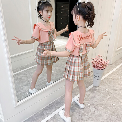 Mengmeng Island Children's Clothing Girls Suits Summer Clothes 2022 New Children's Korean Style Casual Rabbit Ears Navy Collar Skirt Fashion Little Girl Clothes 618 Gift Pink 140 Size (Recommended Height 130 cm)