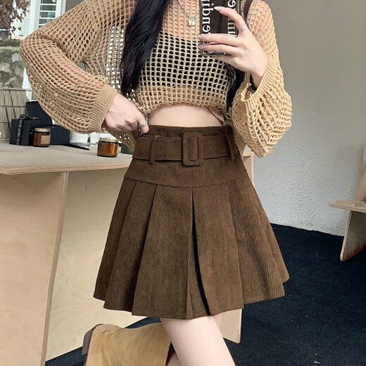Minsheng corduroy skirt autumn and winter 2024 new high waist slim design pleated skirt niche A-line short skirt for women brown L size