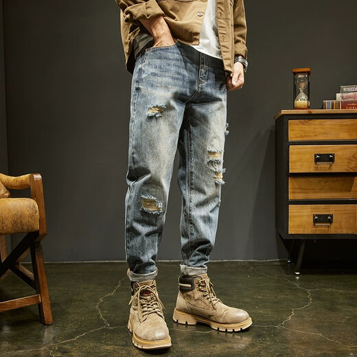 Yirancheng a déchiré un jean pour hommes et l'été minces minces et polyvalents American Retro Washing Pussy Handsome Harlan Pantalon neuf points Pantalon Men's Retro Blue 30 [Recommandé 110-120 Jin [Jin est égal à 0,5 kg]]]