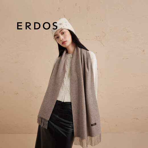 ERDOS 纯羊绒休闲时尚简约单层水纹装饰流苏女士围巾 大地驼 170cmX35cm