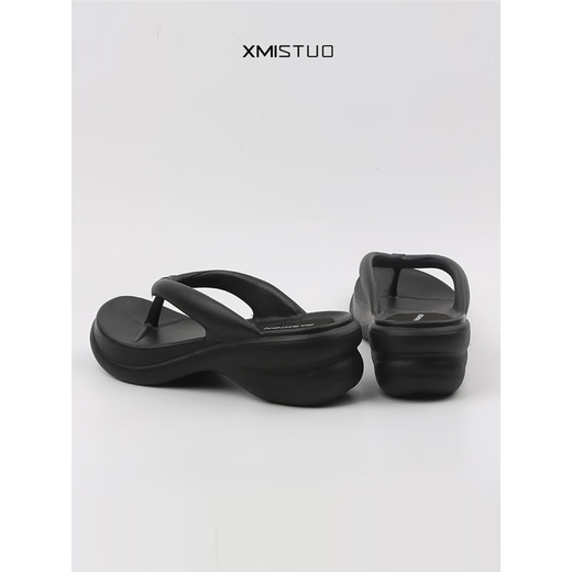 CUGGCK Japanese heel thick-soled flip flops for women in summer wear 2025 new fashionable non-slip simple foot-clip beach sandals 5012 black high-heel thick-soled flip flops 39/40