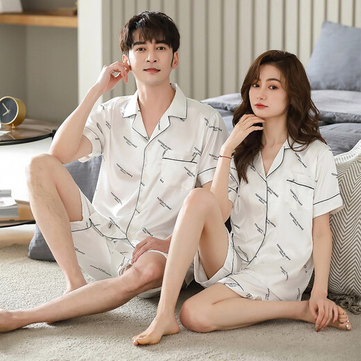 Shamido couple pajamas in summer new ice silk thin short sleeve shorts cardigan simple letters imitation silk men's women's home clothing set 0023-9923 white letters women's style-M