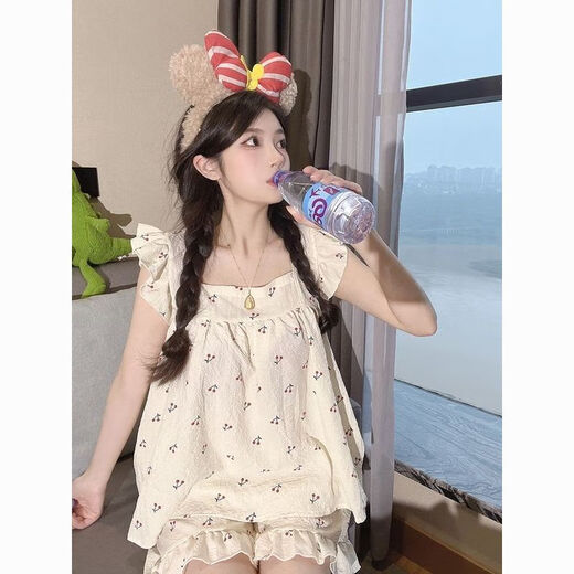 
Meidai meets the cute little cherry girl pajamas suspenders cotton linen thin 2024 new small home clothing set 841* small cherry floral set M