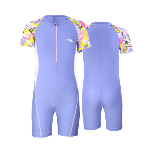 YINGFA children's swimsuit girls one-piece sun protection short-sleeved swimsuit 2024 new girls medium and large children quick-drying swimsuit purple/print 100-120cm/17-22kg (size 6)