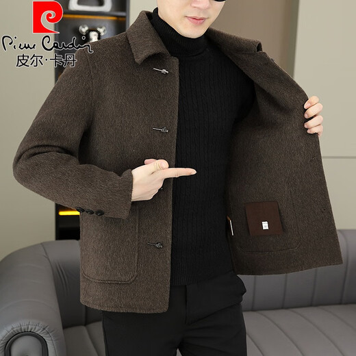 Pierre Cardin spring and autumn double-sided woolen coat men's short Korean style woolen jacket brand short woolen coat brown XL 125-140Jin Jin equals 0.5 kg