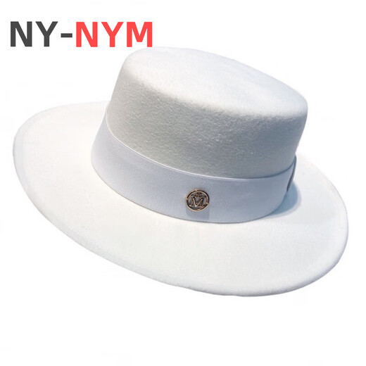 NY-NYM Sombrero de Jazz de Lana de Moda Retro de Estilo británico Sombrero de Mujer Marca de Moda Sombrero Plano de Todo fósforo de la alta sociedad francesa Sombrero Blanco + Banda Negra M (56-58 cm)