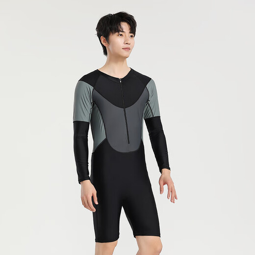 Yosoci parent-child one-piece swimsuit boys wetsuit surf suit plus size father and son medium-sized children long-sleeved conservative hot spring plus size black (KYL2382) 5XL