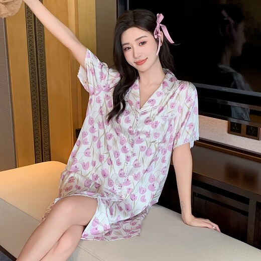 莫代尔凉感冰丝睡裙家居服开衫小翻领衬衫裙中长款睡衣裙子冰雪丝 11972 均码 80-135斤