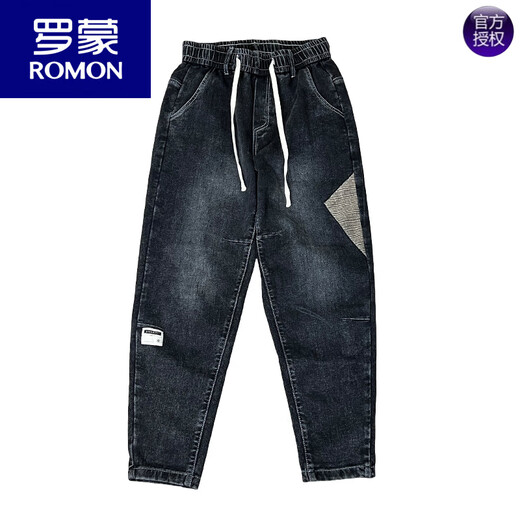 罗蒙（ROMON）秋冬加绒弹力牛仔裤男潮流拼接小脚休闲哈伦裤青年痞帅国潮老爹裤 蓝色 加绒 S