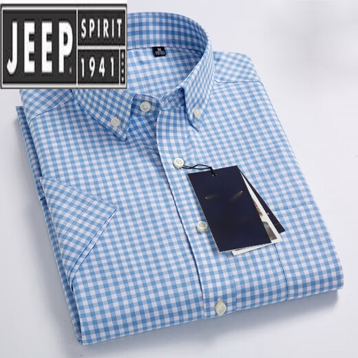 JEEP SPIRIT夏季纯.棉小格子衬衫男短袖薄款韩版修身潮流休闲棉半袖衬衣 绿色 PULO-F983 39