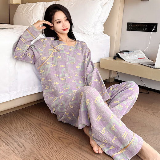 九红妃棉纱中式国风睡衣大码女胖mm夏季纯棉短袖九分裤套装家居服200斤 YZ16804 4XL （130-180斤）