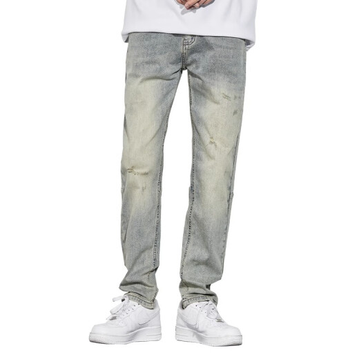 Ecken American retro yellow mud jeans men's autumn washing high street straight loose spring and autumn nostalgic men's casual pants 1098 light blue 30