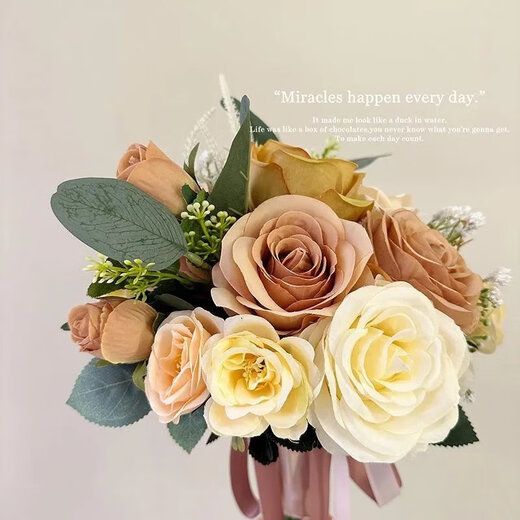 [New recommendation] Retro champagne brown bridesmaids wedding bouquets wedding travel photography simulation Three lives Three lives White + Champagne Peony bouquets
