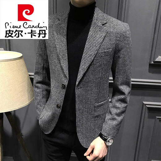 Pierre Cardin autumn houndstooth suit men's jacket men's casual single-piece plaid small suit single suit British men's fashion knitted dark gray 56/2XL