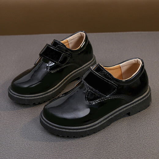 Ershanji Boys Leather Shoes Black Children's Campus Small Leather Shoes Soft Sole Performance Shoes New Performance Little Boys British Students Black Velcro Style 34 Size Inner Length 21.5cm