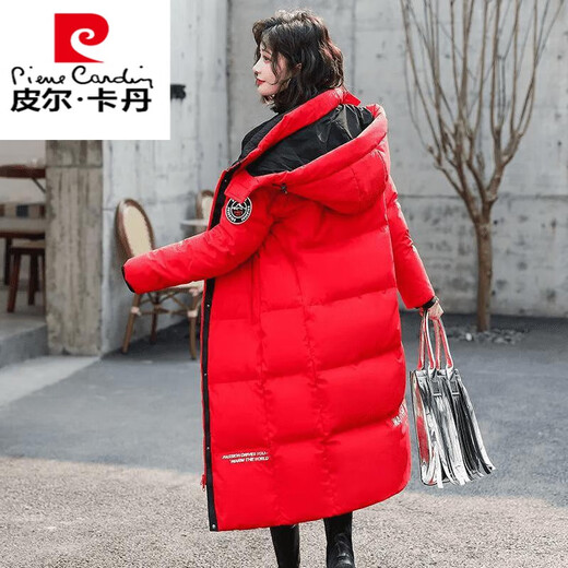 Pierre Cardin down jacket mid-length women's 2025 winter new thickened warm extra long fashion loose cotton jacket black (original quality) XL recommended 125-140Jin Jin equals 0.5 kg