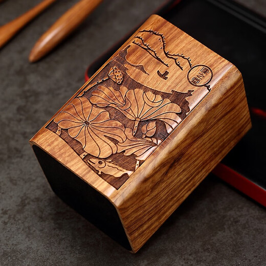 Jiutang Kungfu tea set accessories ebony solid wood tea ceremony Liujunzi tea single cylinder set tea making tools tea clip spoon needle set Huanghuali-lotus leaf fish carved square Liujunzi