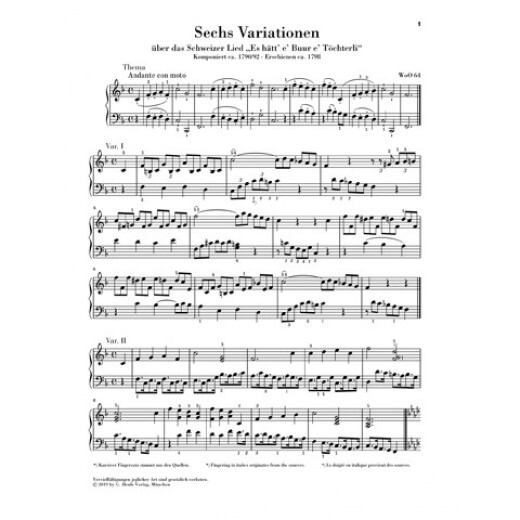Henle Original Beethoven Tres Variación de piano Woo70/64/77 Piano Solo con Fingering Beethoven Ludwig Van Three Variation Works Woo64,70,77 HN1387
