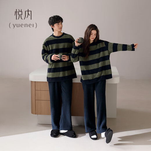 Yuenei Half Velvet Couple Pajamas Women's Autumn and Winter Coral Velvet Plus Velvet Thickened Warm Home Clothing Men's Suit 24376 Dark Green Pattern Women's XL (Male 140-160 Jin Jin equals 0.5 kg / Female 120-140 Jin Jin equals 0.5 kg)