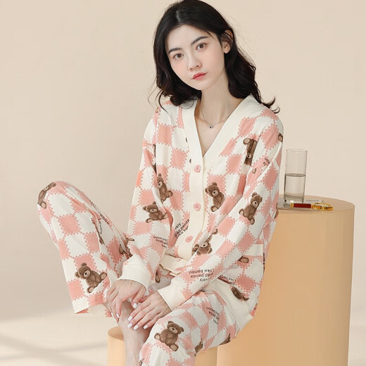 Lazy Rhyme Pajamas Women's Spring and Autumn Long-sleeved Cotton Suit Cardigan Kimono Two-piece Home Clothes Can Be Weared Outside New Style 1209 (165-L) 100 Jin [Jin equals 0.5 kg]-120 Jin [Jin equals 0.5 kg]