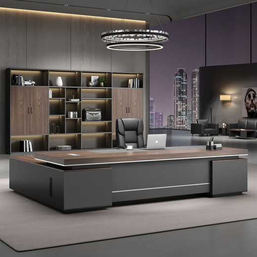 GEZHIMU boss office desk and chair combination high-end office simple modern president computer desk large board manager desk executive desk ebony wood + khaki 2.6m table and chair + 2.8m bookcase