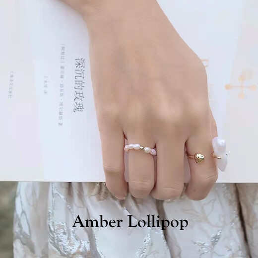 Amber Lollipop Wang Yuwen's same style millet bead ring women's pearl ring anniversary birthday gift for girlfriend and wife Pearl White (Freshwater Pearl)