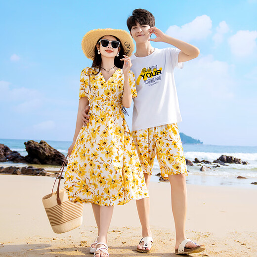 BUBBLE ORANGE Beach vacation parent-child outfit mother-daughter summer family outfit beach yellow dress suit for a family of three men's suit (T-shirt + shorts)/female dress Mom XL size (recommended weight 115-125 Jin Jin equals 0.5 kg)