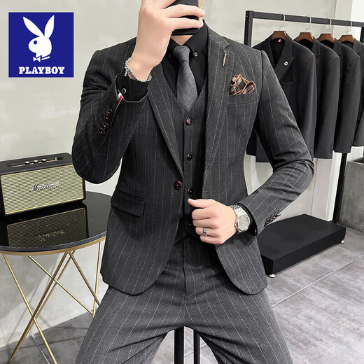 Playboy striped suit men's three-piece slim fit business casual plus size handsome suit male groom wedding dress dark gray suit XL (suit + vest + trousers)