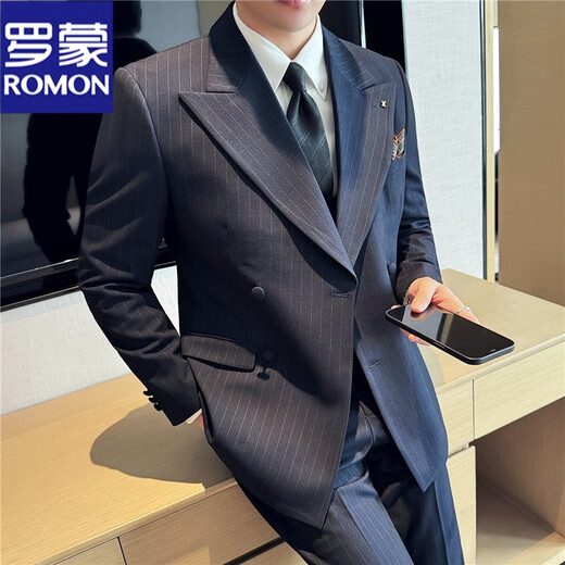 ROMON autumn and winter thickened peaked lapel double-breasted suit suit men's fashionable wedding groom's dress striped formal three-piece suit black (single-piece suit) L