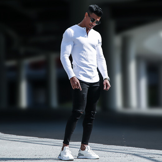 BensonVision sports long-sleeved fitness coach training top running casual slim solid color cotton Henry collar bottoming shirt for men dark blue M