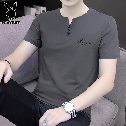 花花公子（PLAYBOY）短袖t恤男2025夏季新款潮流v领休闲宽松上衣薄款凉感男装 5024碳灰 3XL