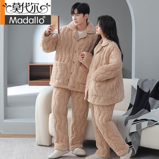 Modal coral velvet pajamas couple outfits for men and women autumn and winter style plus velvet thickened three-layer cotton warm home clothing set 1365 couples 2XL 3-layer women's style