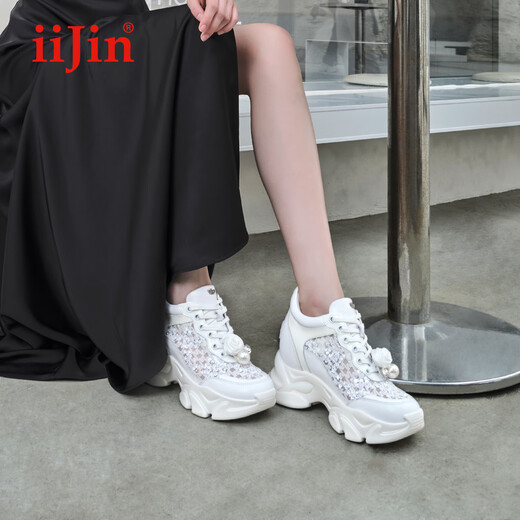 IiJin 2024 new style 9.5cm thick sole inner heightening breathable mesh sequin flower casual dad shoes for women YF677RAM white 36