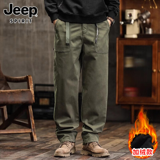 JEEP SPIRIT casual pants for men in winter thickened wide-leg work pants integrated velvet straight sport long trousers for men 695 earthy yellow [integrated velvet] 5XL