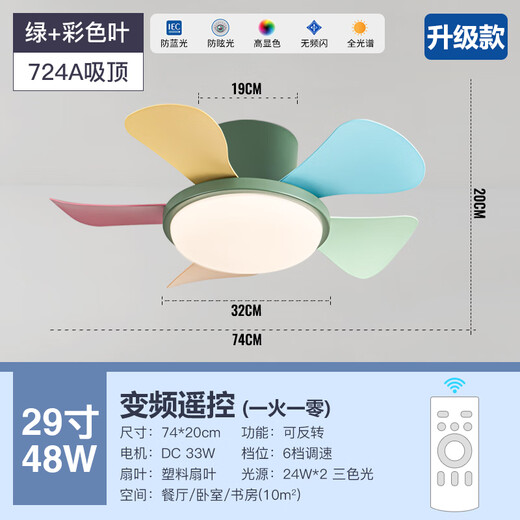 风向标儿童房卧室风扇灯马卡龙小型吊扇灯家用静音过道阳台薄吸顶电扇灯 全光谱29-724A绿+彩色叶-吸顶