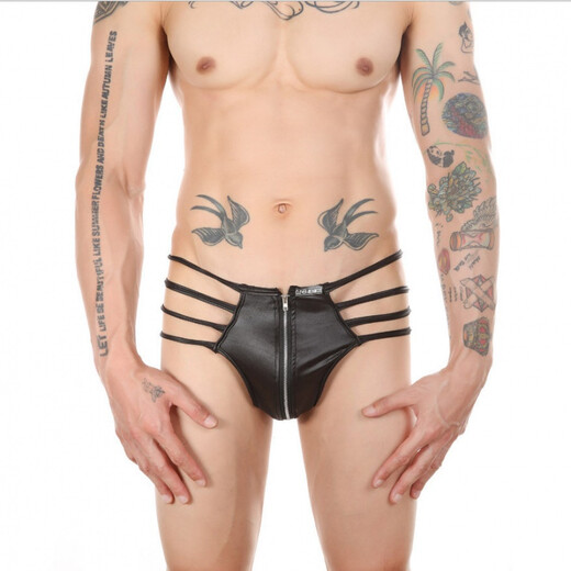 Sexy underwear for men Men's leather hollow thong patent leather sexy underwear imitation leather low waist zipper convenient SM g175 black one size fits S-XXL