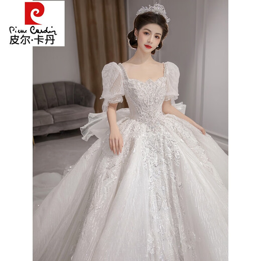 Pierre cardin wedding dress 2024 new style bride main yarn texture large tail pregnant women French light girl small winter single piece white wedding dress XS weight 80 Jin [Jin equals 0.5 kg]