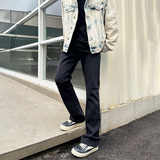 hiui怪兽实验室同款GSSYS美式巴黎弯刀微喇弹力显瘦百搭黑色牛仔长裤 黑色 L 【推荐100-110斤】