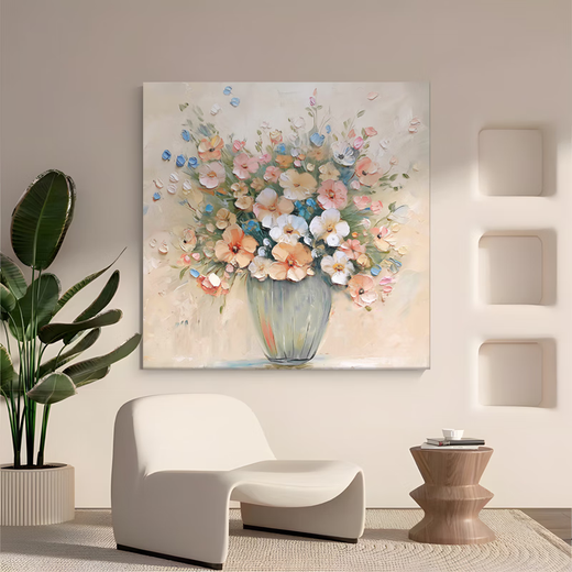 Yitu hand-painted oil painting restaurant decoration painting modern simple living room hanging painting flower French texture painting art light luxury style blooming flowers 60*60 hot selling spot silver metal frame