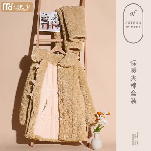 莫代尔冬季夹棉睡衣女冬款三层加绒加厚珊瑚绒可外穿保暖休闲公主风套装 12244雅白 L【建议100-120斤】
