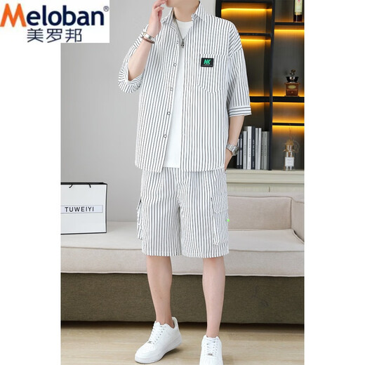 美罗邦 MELOBAN夏季冰丝套装男条纹宽松潮牌七分袖衬衫五分短裤高端痞帅搭配一套 902白 3XL 参考155-170斤左右