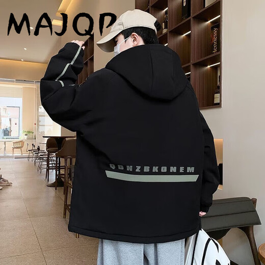 MAJQP夹克棉衣外套男加绒加厚秋冬款青少年男士宽松保暖连帽学生外套潮 719-加绒-黑色 L 100-115斤